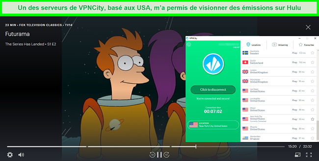 Capture d'écran de Futurama en streaming sur Hulu alors que VPNCity est connecté à un serveur à New York, États-Unis