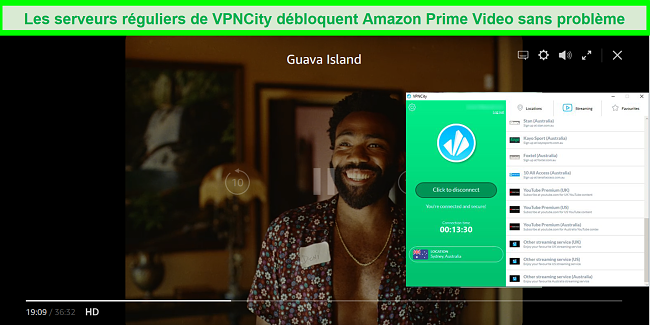 Capture d'écran d'Amazon Prime Video diffusant Guava Island alors qu'il est connecté à un serveur VPNCity en Australie