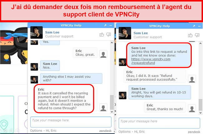 Capture d'écran d'une conversation avec le chat en direct VPNCity montrant le processus de demande de remboursement