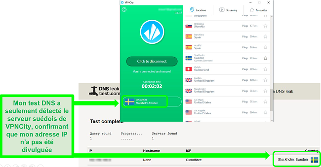 Capture d'écran de VPNCity connecté à un serveur suédois et passant un test de fuite DNS
