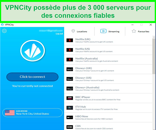 Capture d'écran de l'interface utilisateur de VPNCity montrant une liste de serveurs de streaming