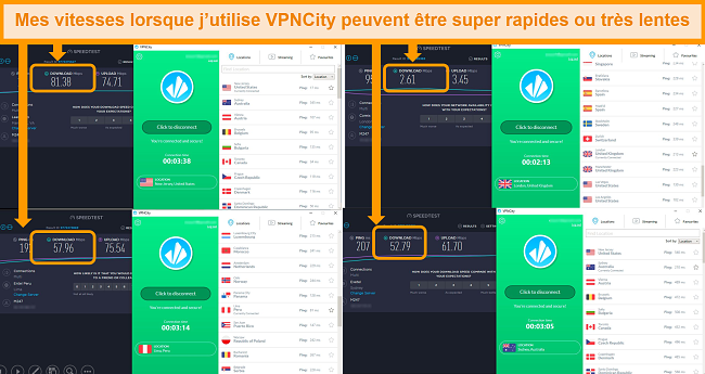 Captures d'écran des résultats de Speedtest.net, montrant les vitesses dans 4 pays différents