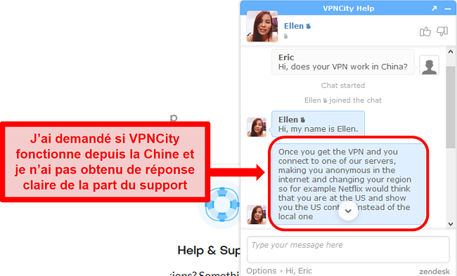 Capture d'écran du support de chat en direct de VPNCity.com