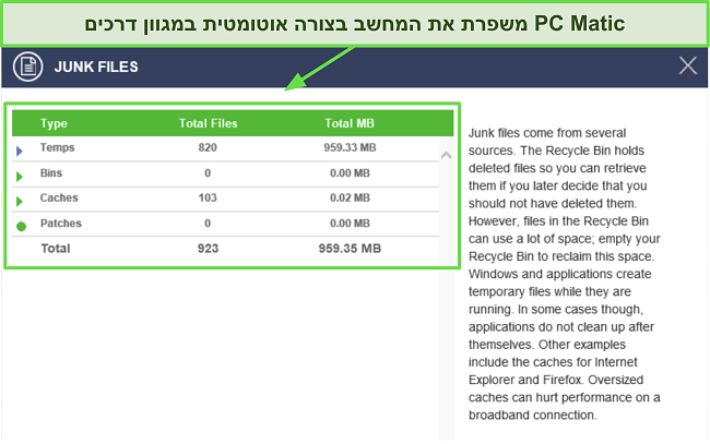 תמונת מסך של מידע אופטימיזציה לאחר ביצוע הסריקה של PC Matic.