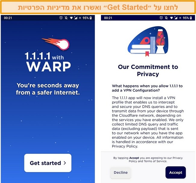 תמונת מסך המציגה את WARP שהוקמה עם הפעלת האפליקציה