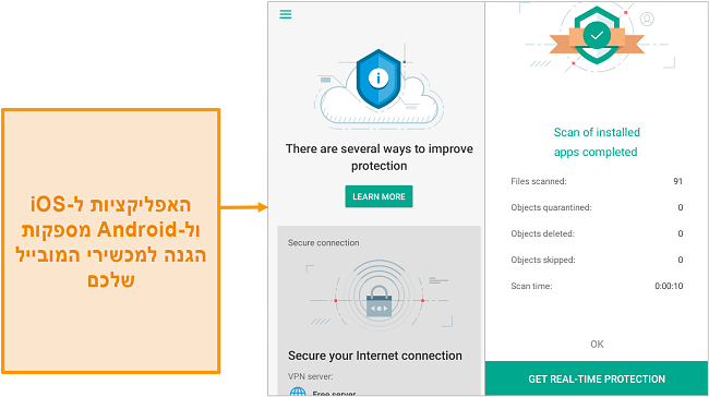 צילום מסך של Kaspersky Security Cloud ב- iOS בהשוואה לגרסת אנדרואיד