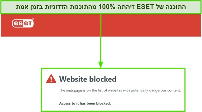 צילום מסך של ESET אנטי-וירוס החוסם אתרים שעלולים להיות מסוכנים