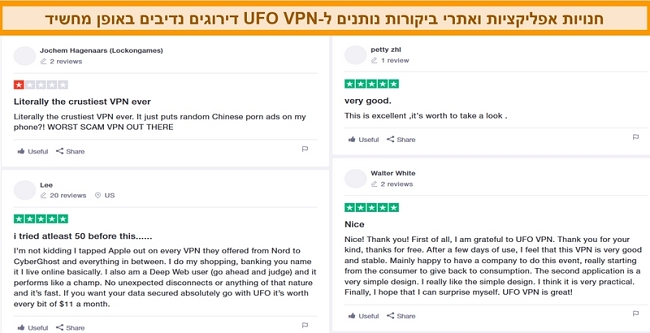 תמונת מסך של ביקורות UFO VPN ב- Trustpilot.com