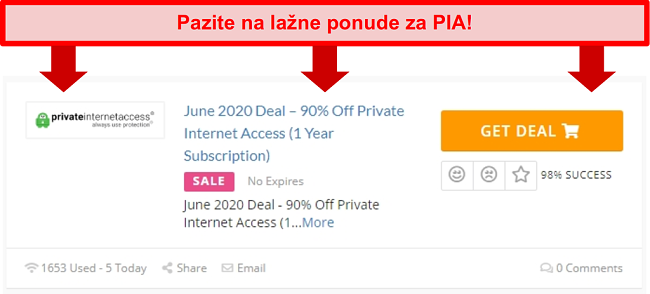 Snimka zaslona lažne ponude privatnog pristupa internetu koja nudi 90% popusta