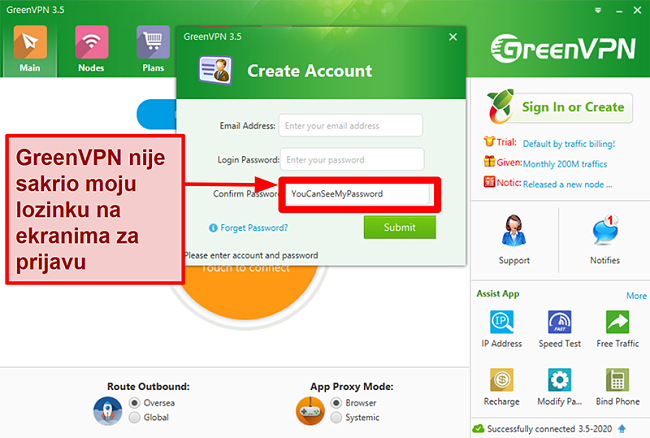 Snimka zaslona sučelja GreenVPN koja prikazuje stvaranje računa i zaslon za prijavu