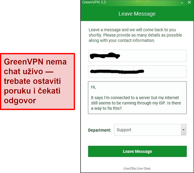 Snimka zaslona zaslona podrške za GreenVPN