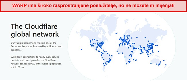 Snimka zaslona WARP-ove mreže poslužitelja