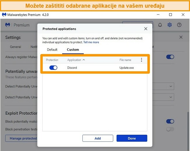 Snimka zaslona popisa zaštićenih programa za zaštitu Exploit Protection od Malwarebytesa.