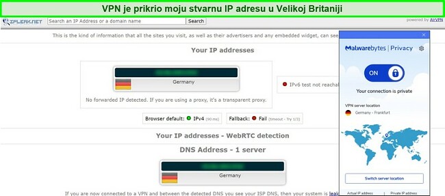 Snimka zaslona testa curenja IP-a i DNS-a za Malwarebytes Privacy VPN