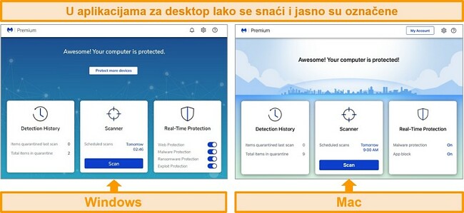 Snimka zaslona programa Malwarebytes za Windows i Mac računala