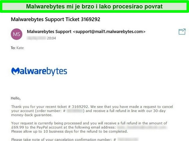 Snimka zaslona postupka povrata novca od Malwarebytes-a s odgovorom e-poštom na kartu zahtjeva za povrat novca.