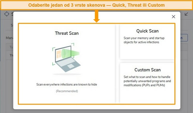 Snimka zaslona opcija skeniranja virusa Malwarebytes.