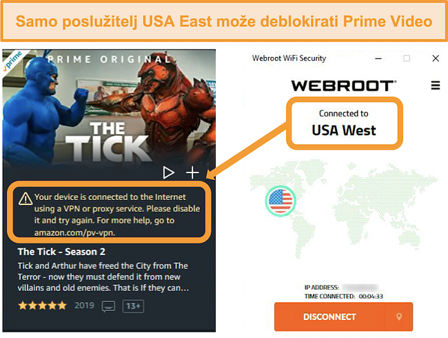 Snimka zaslona pogreške proxyja Amazon Prime Video dok je povezan s poslužiteljem USA West tvrtke Webroot WiFi Security