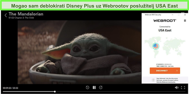 Snimka zaslona Disneyja Plus koji igra Mandalorian dok je povezan s serverom u SAD-u