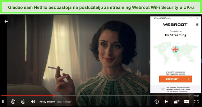 Snimka zaslona Netflixova streaminga Peaky Blinders dok je povezan s UK Streaming poslužiteljem Webroot WiFi Securitya