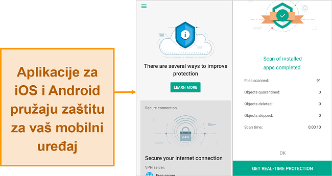 Snimka zaslona Kaspersky Security Cloud-a na iOS-u u usporedbi s Android verzijom