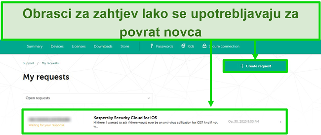 Snimka zaslona zahtjeva za podršku tvrtke Kaspersky na web mjestu Kaspersky.