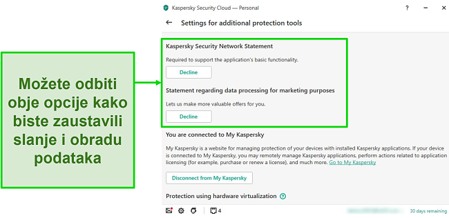 Snimka zaslona Kaspersky opcija radne površine za deaktiviranje prikupljanja osobnih podataka.