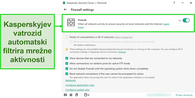 Snimak zaslona Kaspersky postavki vatrozida za radnu površinu koji vam omogućuju prilagodbu njegovih pravila i filtara.