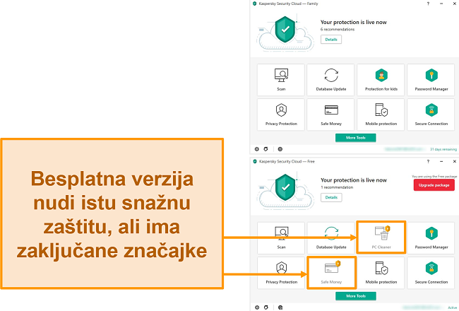 Snimka zaslona Kaspersky Security Cloud Free Desktop računala koja prikazuje zaključane značajke u odnosu na premium verziju.