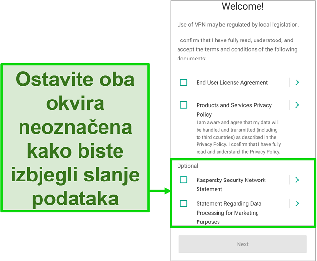 Snimka zaslona mobilne aplikacije Kaspersky Antivirus koja prikazuje zaslon za isključivanje prikupljanja podataka na izborniku dobrodošlice.
