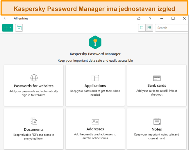 Snimka zaslona aplikacije Kaspersky Password Manager, s izborom za dodavanje lozinki, bankovnih kartica, adresa i dokumenata.