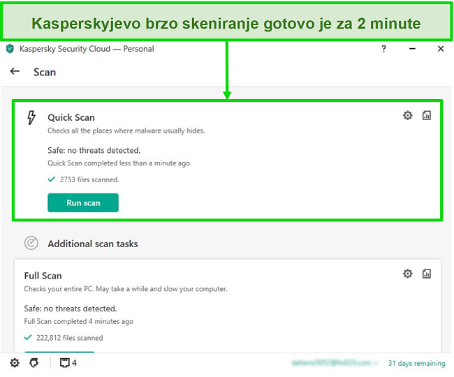 Snimka zaslona zaslona brze pretrage rezultata programa Kaspersky Antivirus za stolno računalo.