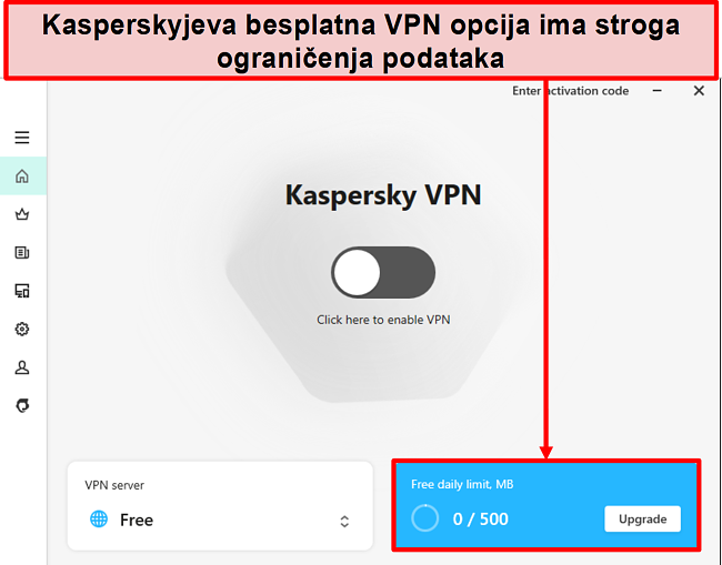 Snimak zaslona besplatne verzije Kaspersky Secure Connection