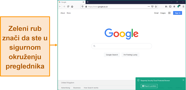 Snimka zaslona Kaspersky Security Browser Protected Browser-a sa sigurnom obavijesti.