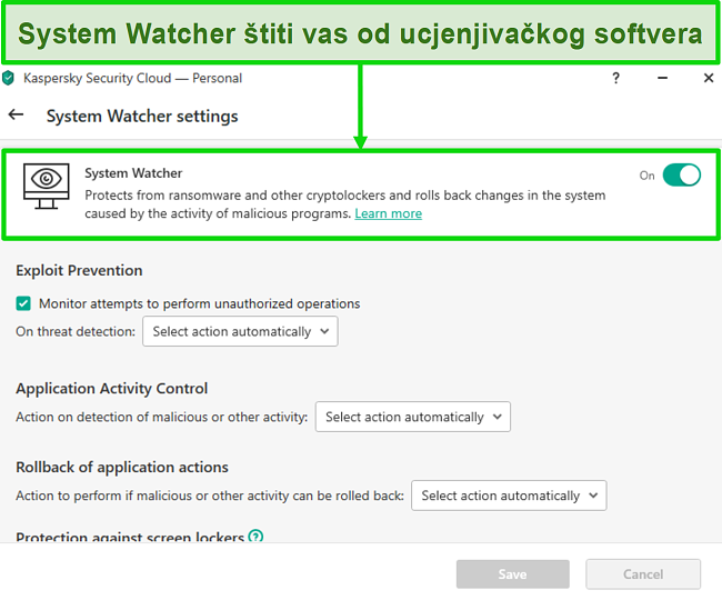 Snimka zaslona zaslona postavki programa Kaspersky System Watcher koji omogućuje prilagodbu zaštite od ransomwarea.