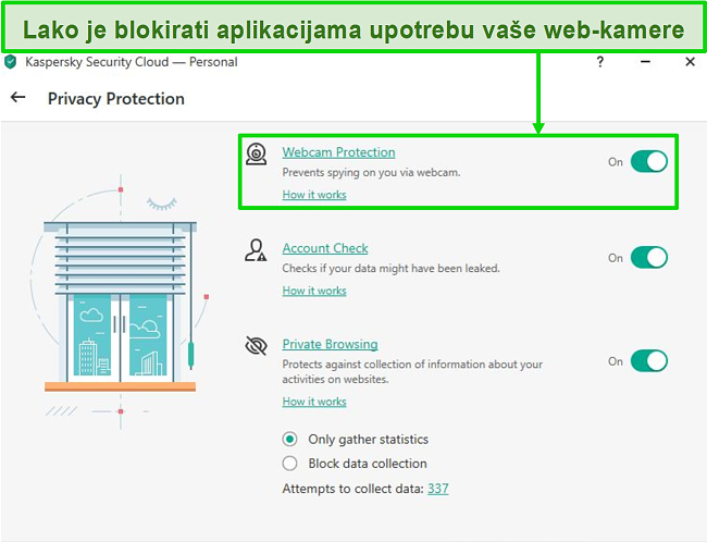 Snimka zaslona opcija zaštite privatnosti Kaspersky desktop