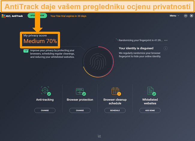 Snimak zaslona ocjene privatnosti AVG AntiTrack za web preglednik