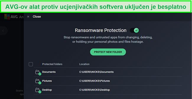 Snimka zaslona zaslona za preuzimanje programa AVG Antivirus Ransomware Protection.