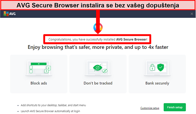 Snimka zaslona početnog zaslona AVG Secure Browser.