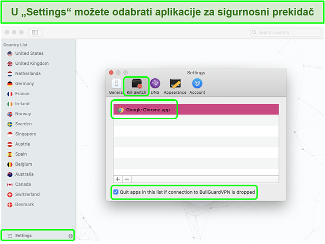 Snimka zaslona izbornika postavki BullGuard VPN-a koji omogućuje Kill Switch za Google Chrome