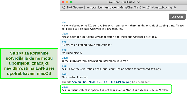 Snimka zaslona korisničke usluge BullGuard VPN koja potvrđuje Nevidljivost na LAN-u dostupna je samo u sustavu Windows