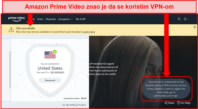 Snimka zaslona nedostupnosti Amazon Prime Video s povezanim BullGuardom