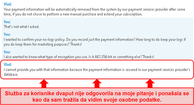 Snimka zaslona podrške BullGuarda jer nije odgovorio na moje pitanje o podacima o plaćanju, a zatim mi je dao pogrešan odgovor