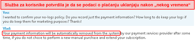 Snimka zaslona chata za korisničku podršku s pojašnjenjem da pohranjuju podatke o plaćanju i uklanjaju ih nakon 