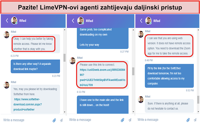 Snimka zaslona limevpn agents request remote access