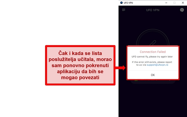 Snimka zaslona pogreške veze NLO VPN-a