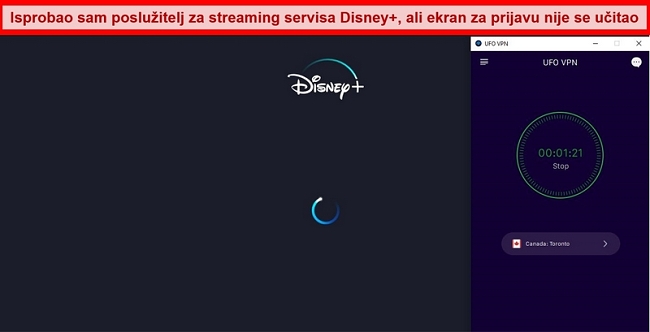 Snimka zaslona Disneya + koji se pokušava učitati dok je NLO VPN povezan s kanadskim poslužiteljem