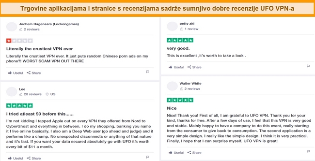 Snimka zaslona UFO VPN recenzija na Trustpilot.com