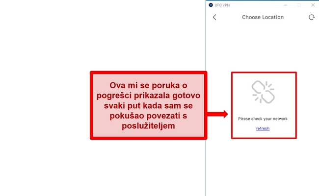 Snimka zaslona pogreške popisa poslužitelja NLO VPN-a