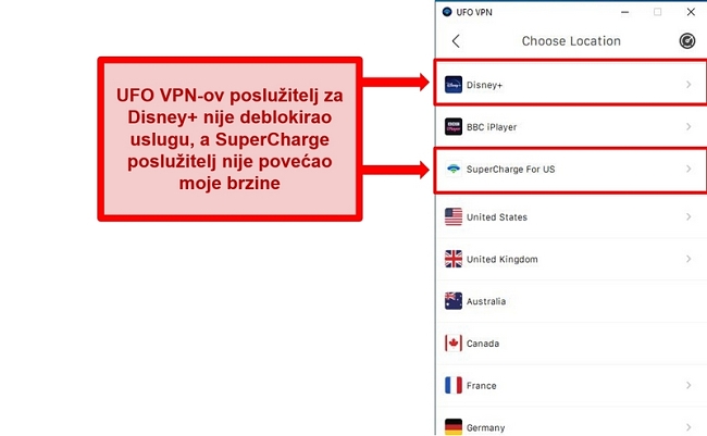 Snimka zaslona popisa poslužitelja NLO VPN-a